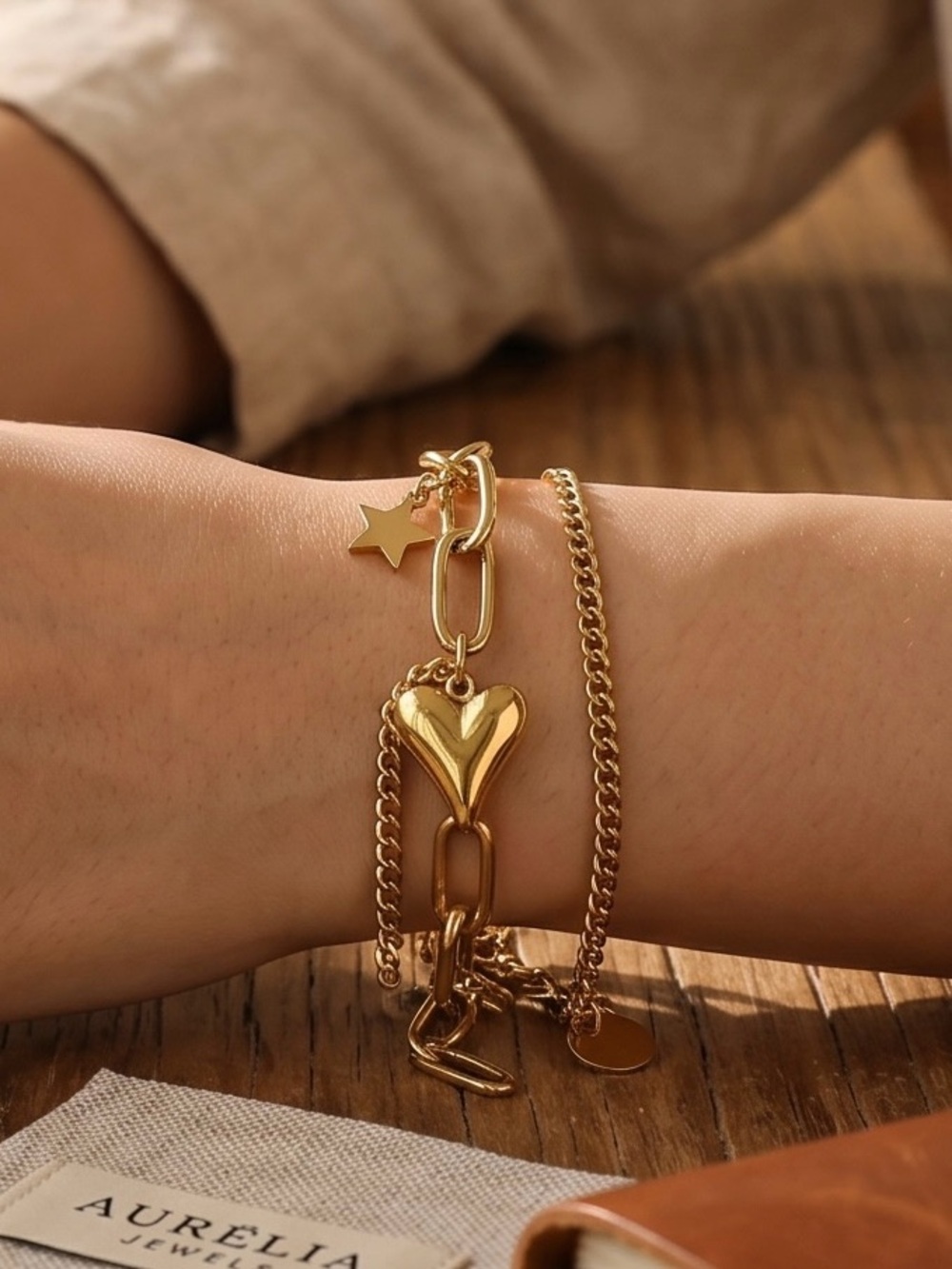 Gold Heart & Star Charm Bracelet | Adjustable Chain